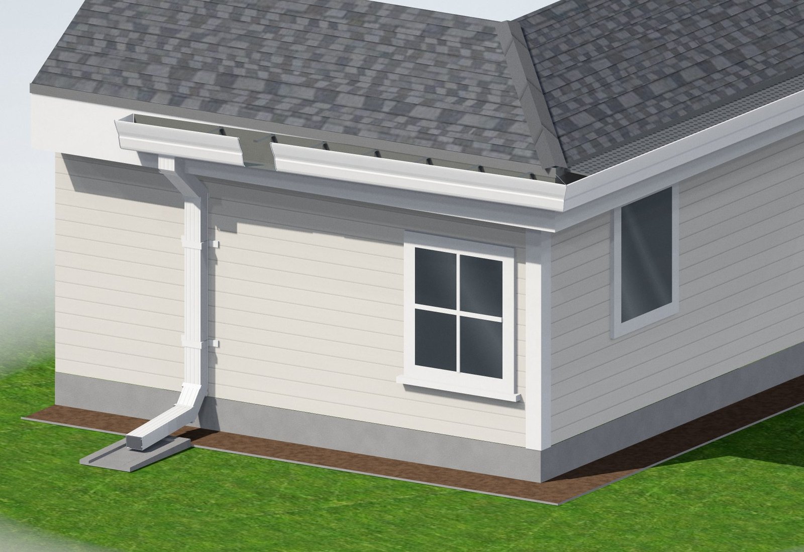 Realistic rendering of a K-style gutter system with hangers, end cap, corner miter, outlet, elbows, downspout, straps, splash block, gutter guard, drip edge and fascia labeled