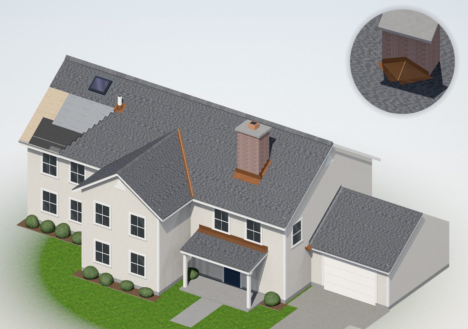 Realistic rendering of a house roof with the chimney flashing, cricket, step and counter flashing, valley, pipe boot, skylight, drip edge, fascia, underlayment layers and ridge labeled
