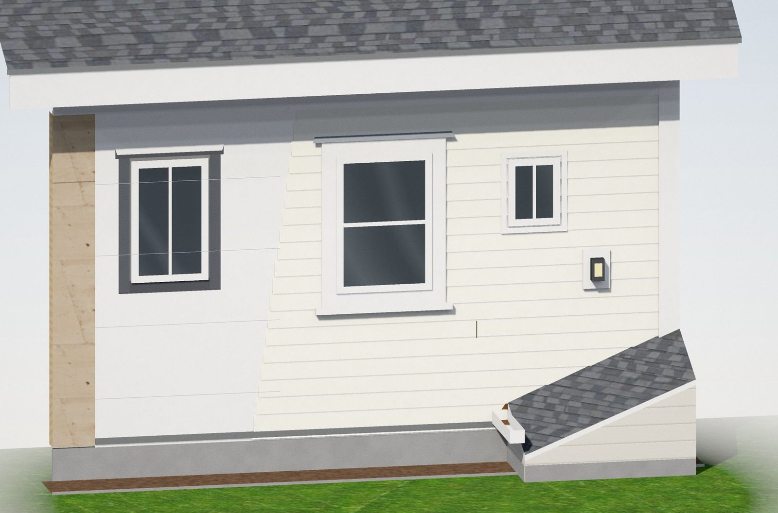Realistic rendering of a sided wall with a cutaway showing sheathing, house wrap, window flashing tape, J-channel, trim, soffit, fascia and the roof-to-wall kick-out labeled