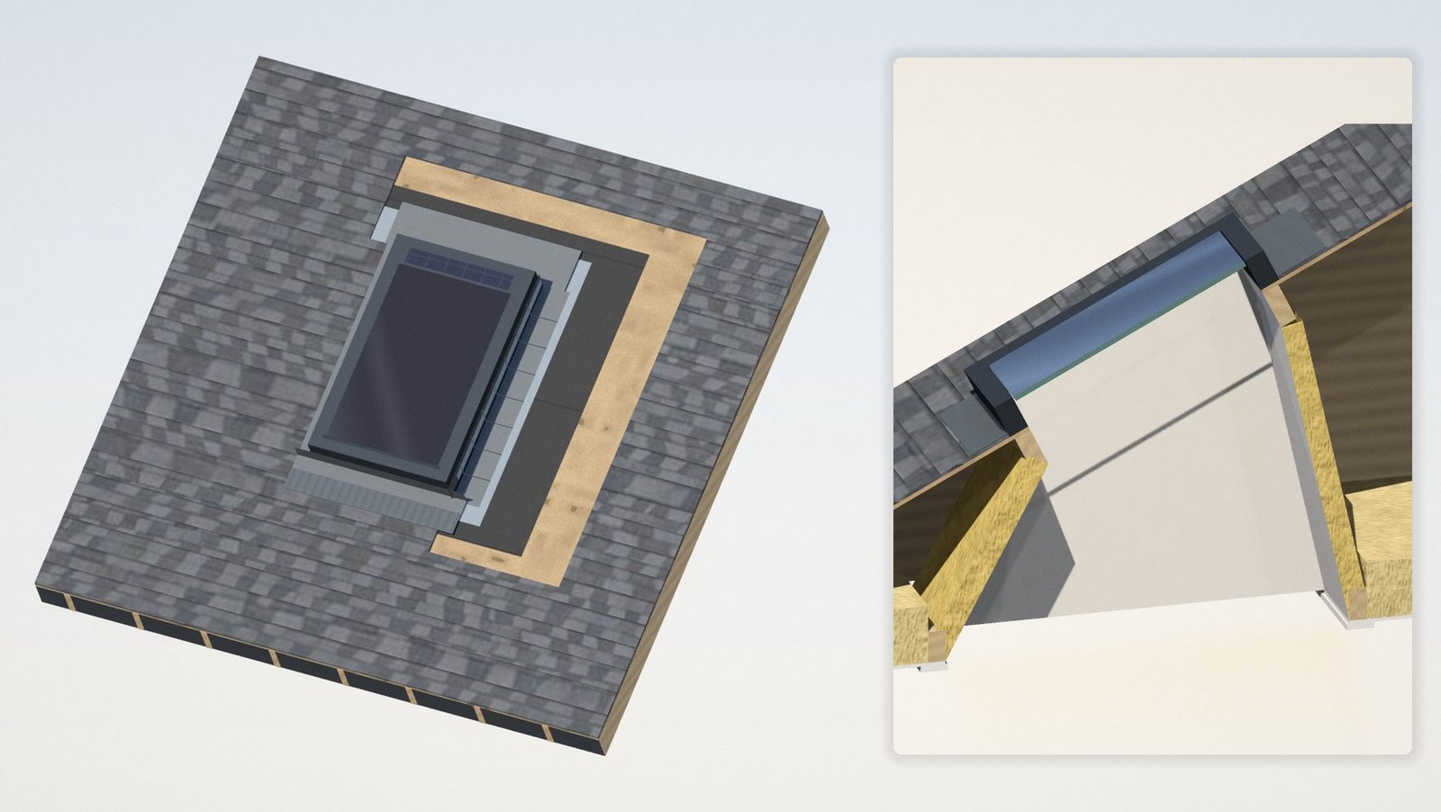 Realistic rendering of a deck-mounted skylight in a shingle roof with its flashing kit, step, head and sill flashing, underlayment and interior light shaft labeled