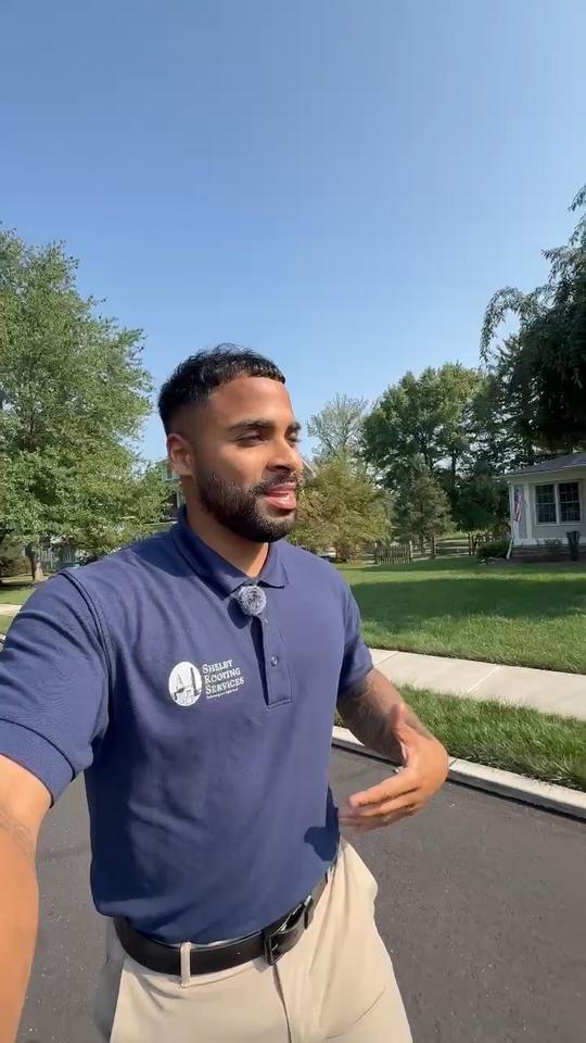 Miguel Cespedes walking a tree-lined residential street, Shelby Roofing Services video