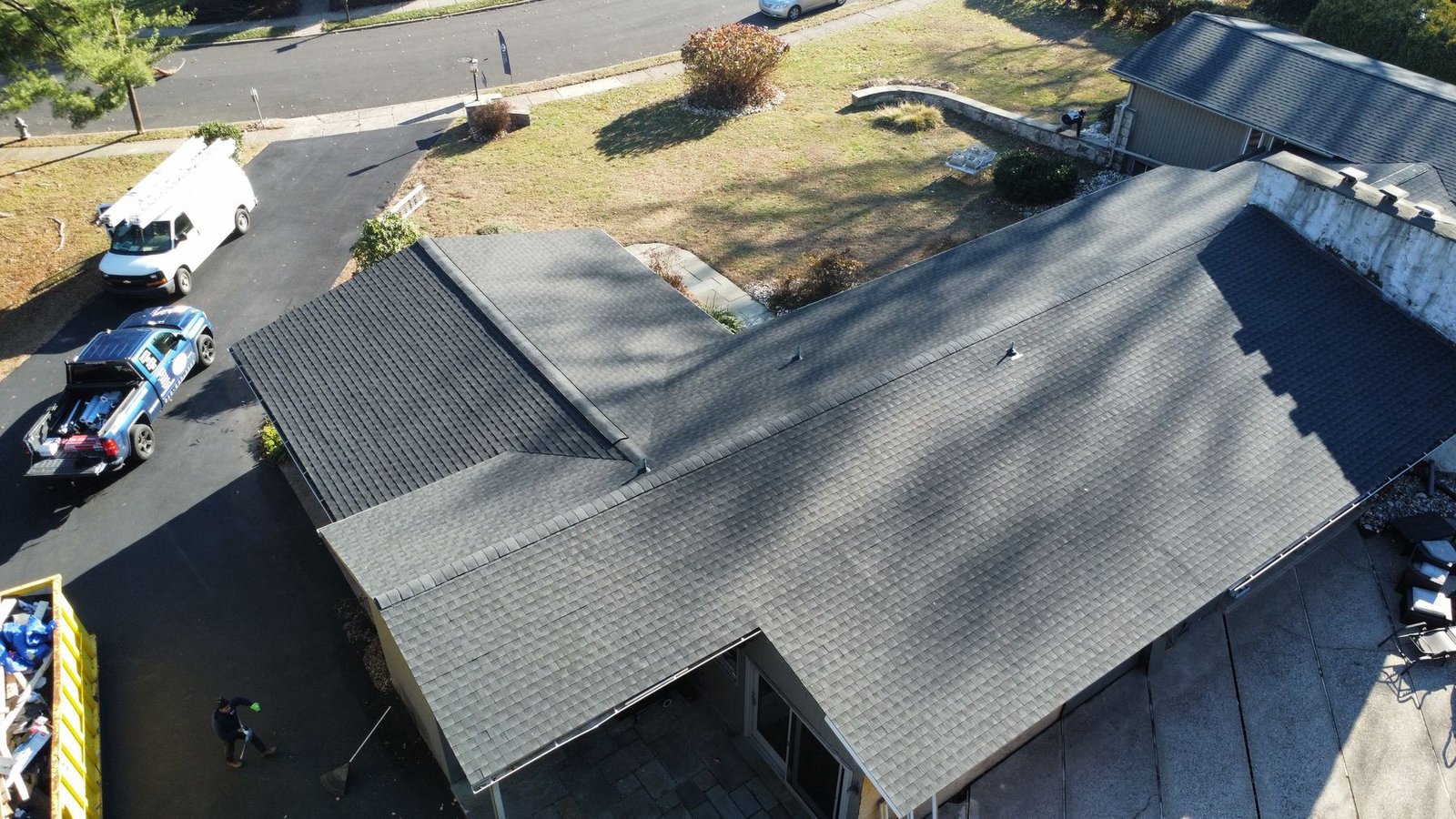 After — aerial of completed stone ranch — Shelby Roofing Services PA
