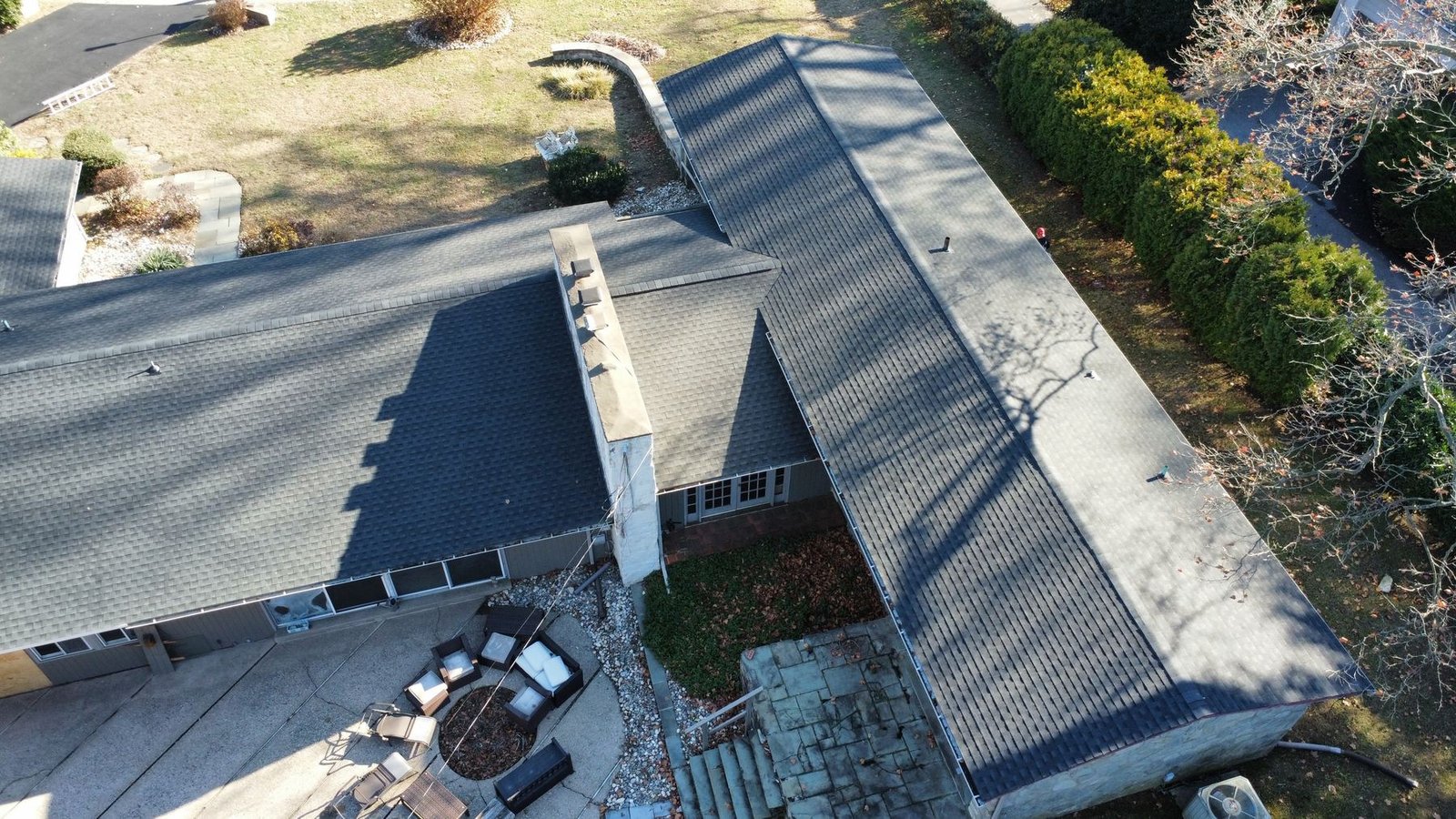 After — corner aerial with new charcoal shingles — Shelby Roofing Services PA