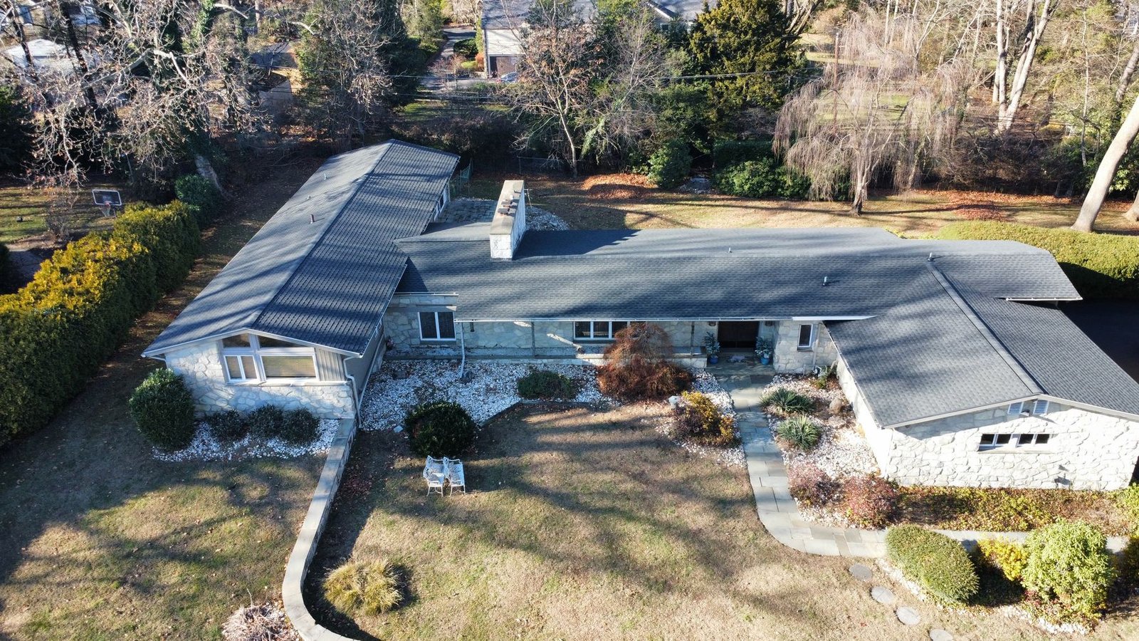 After — overhead drone view of completed roof — Shelby Roofing Services PA