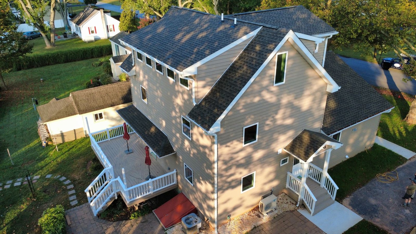 After — back side aerial with deck — Shelby Roofing Services PA