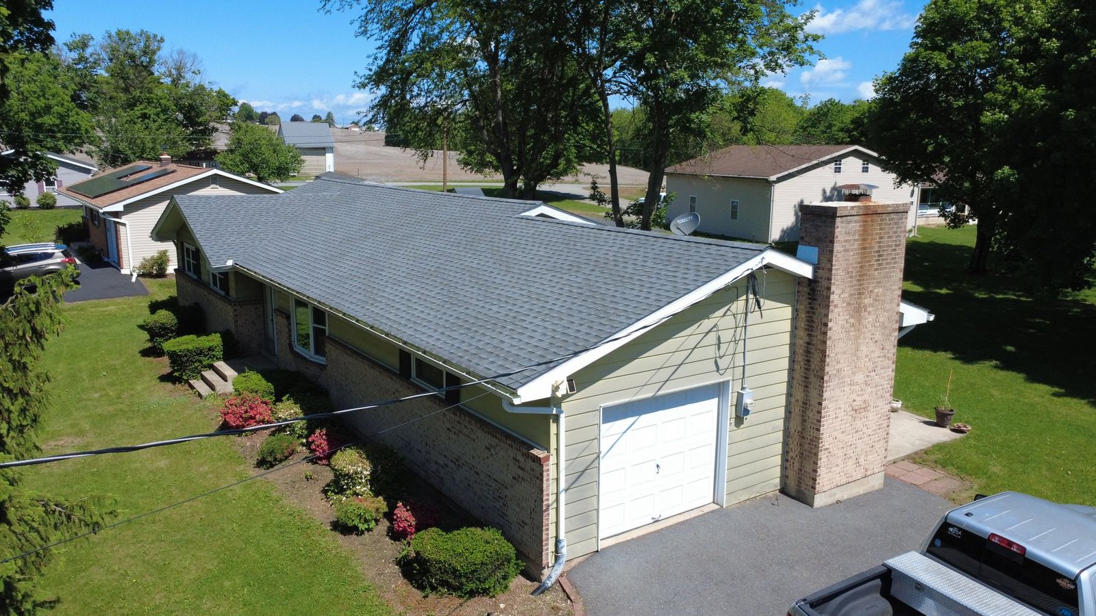 After — aerial view of completed ranch — Shelby Roofing Services PA