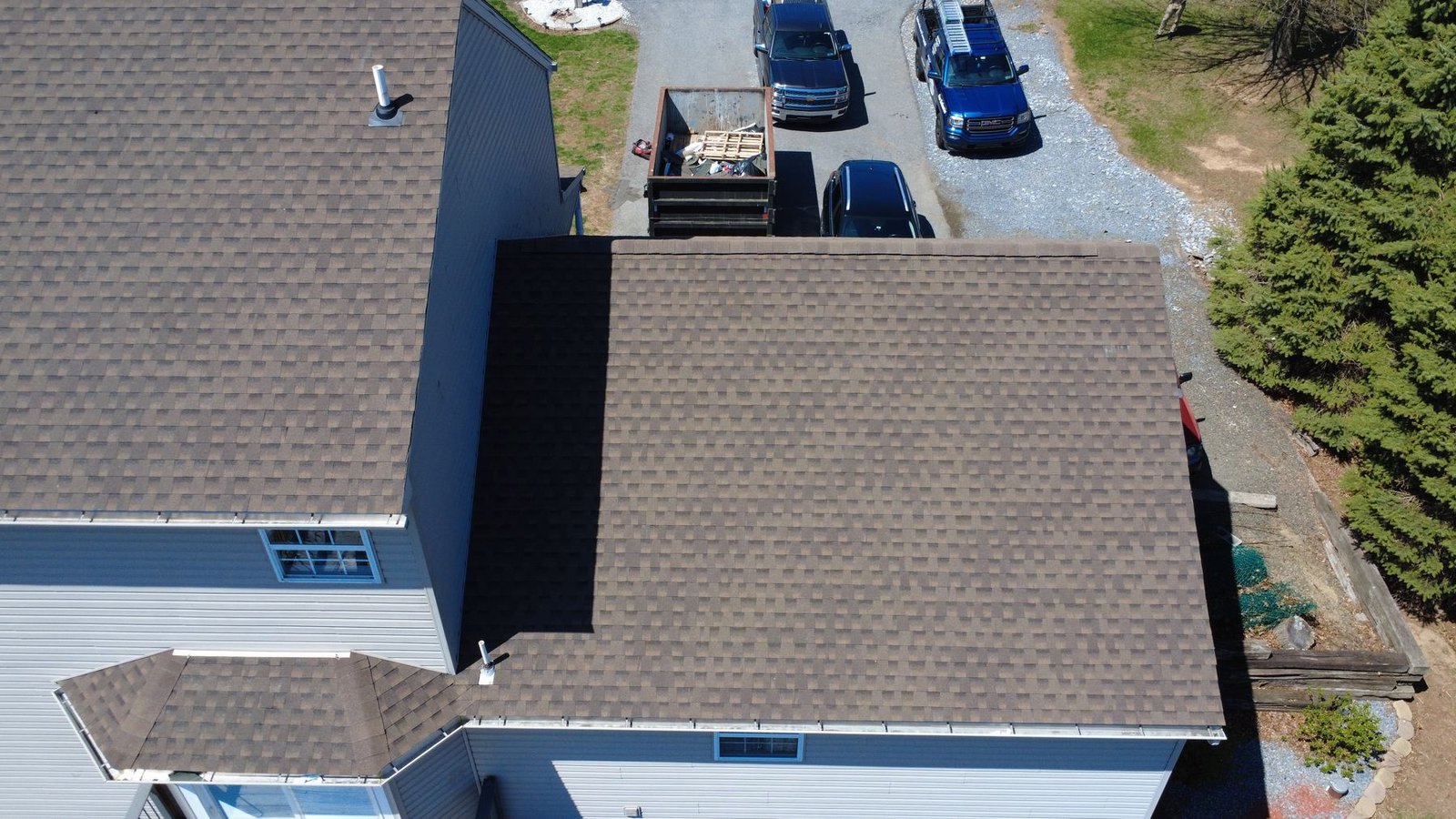 After — aerial view of completed colonial farmhouse — Shelby Roofing Services PA