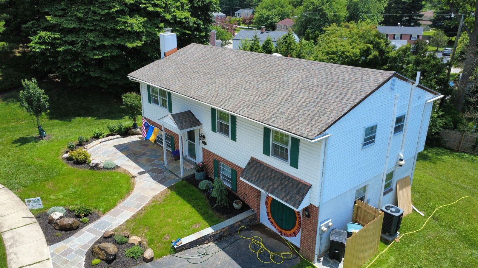 After — aerial of completed split-level — Shelby Roofing Services PA
