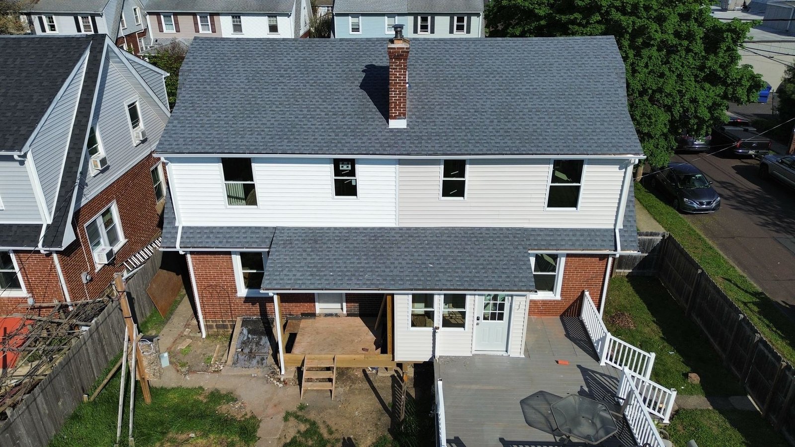 After — aerial view of completed semi-detached — Shelby Roofing Services PA