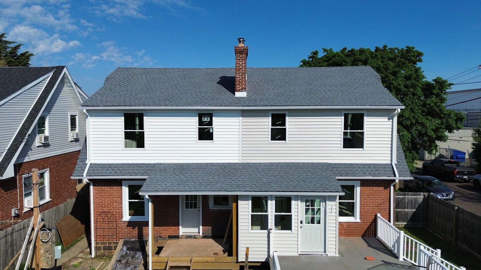 After — aerial of completed semi-detached with new gray shingles — Shelby Roofing Services PA