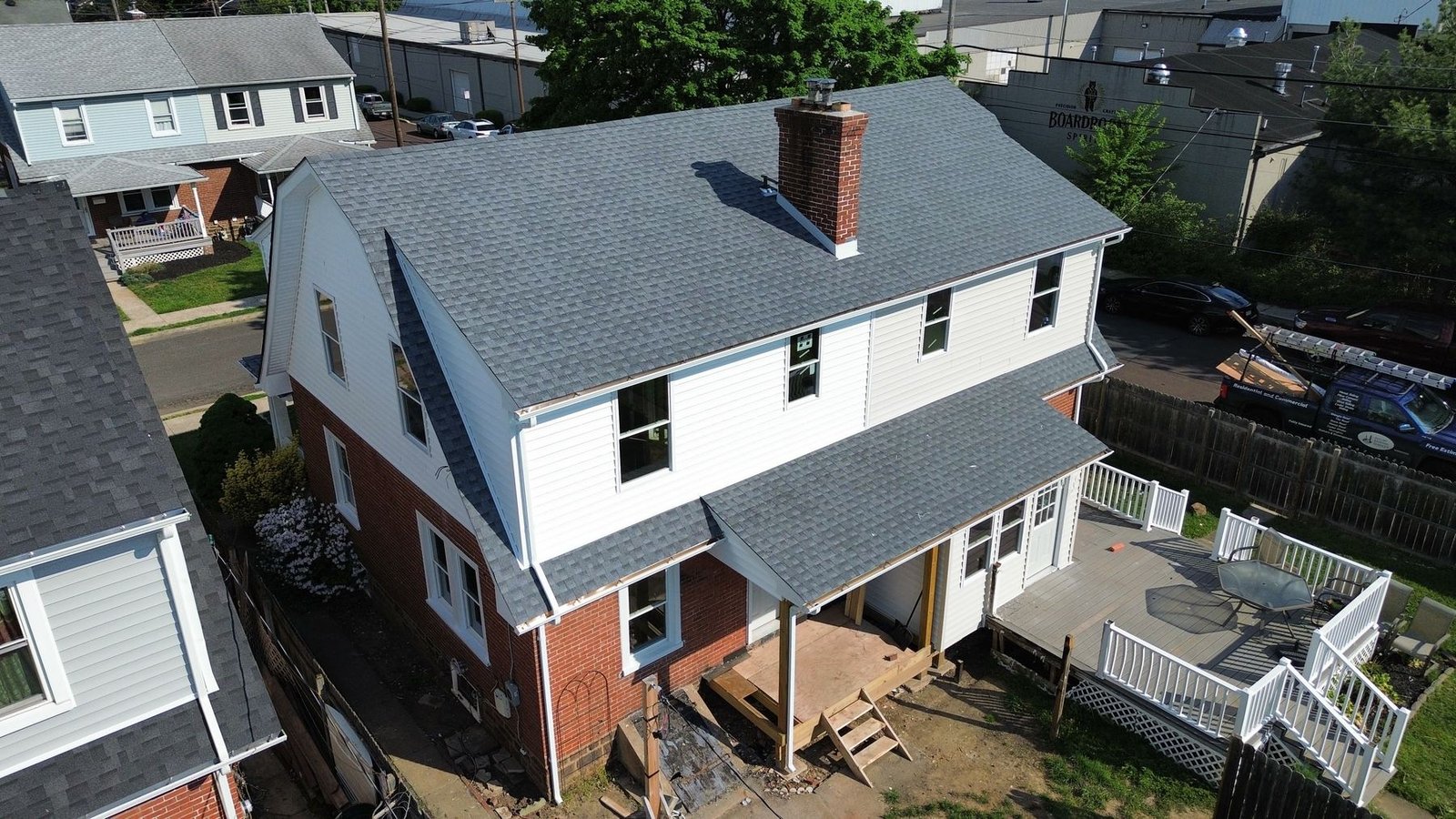 After — side aerial of completed semi-detached — Shelby Roofing Services PA
