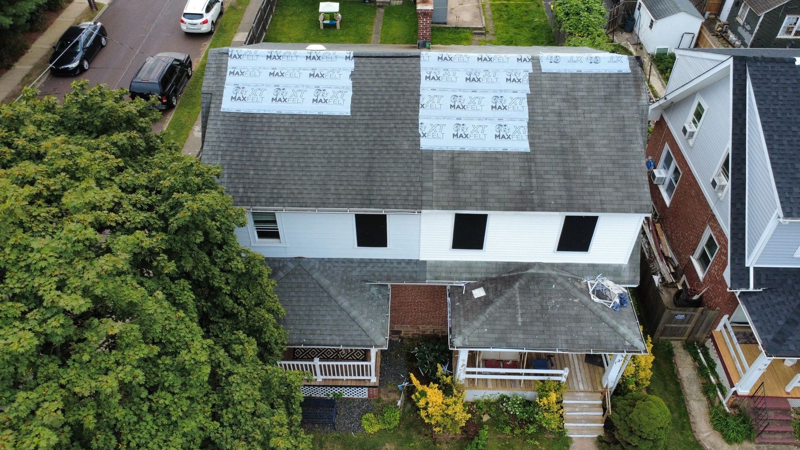Before — aerial view of semi-detached with old shingles, PA
