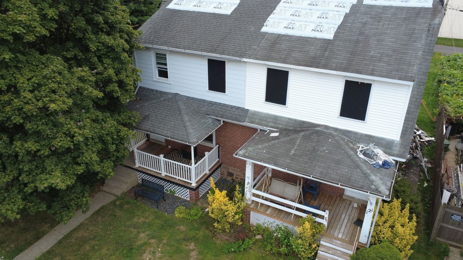 Before — aerial of semi-detached home with old shingles, PA