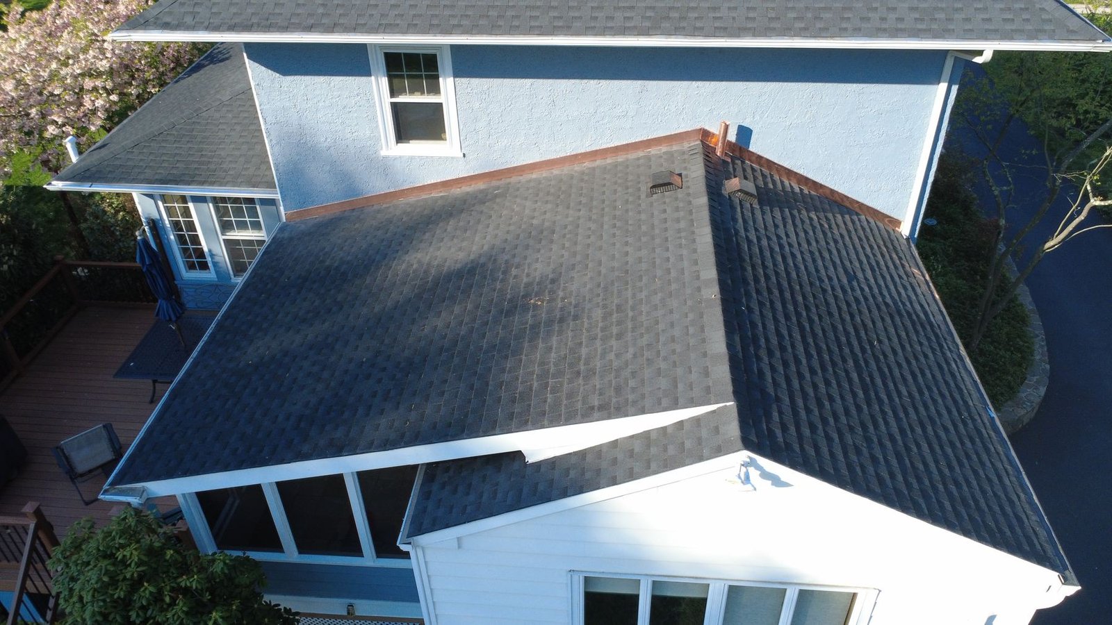 After — side aerial of completed colonial — Shelby Roofing Services PA