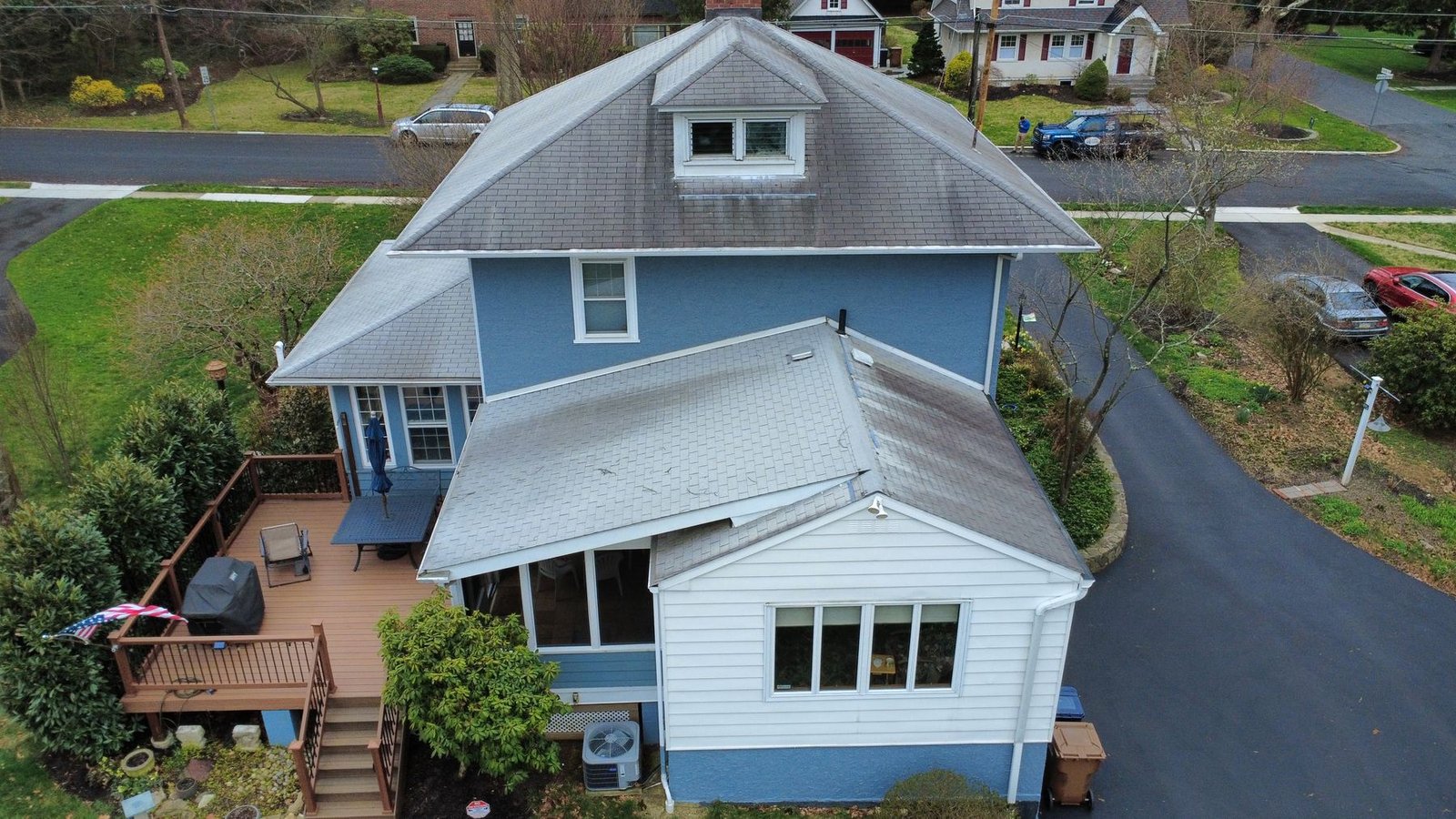 Before — aerial of blue colonial with old worn shingles, PA