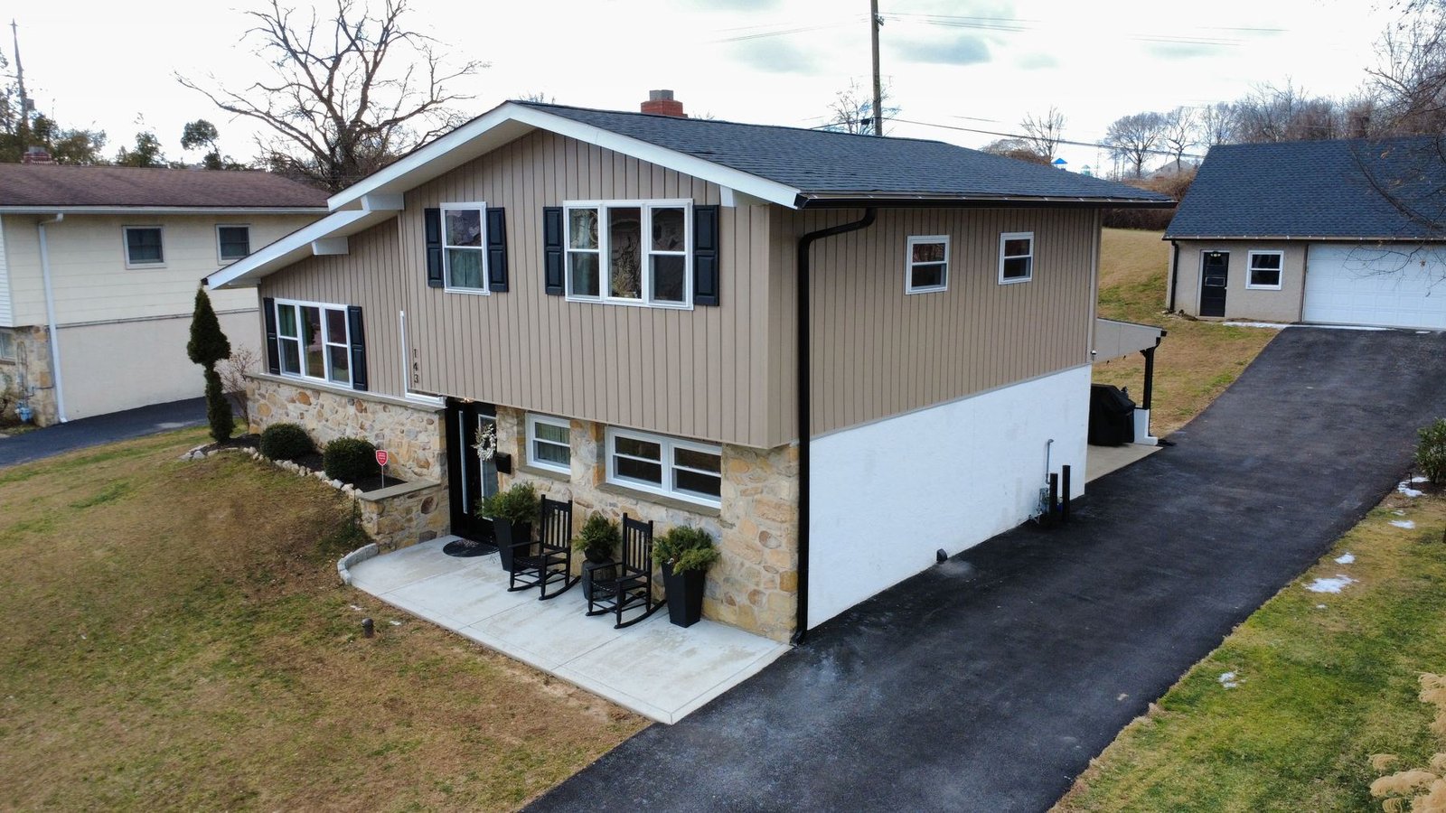 After — aerial view of completed ranch — Shelby Roofing Services PA