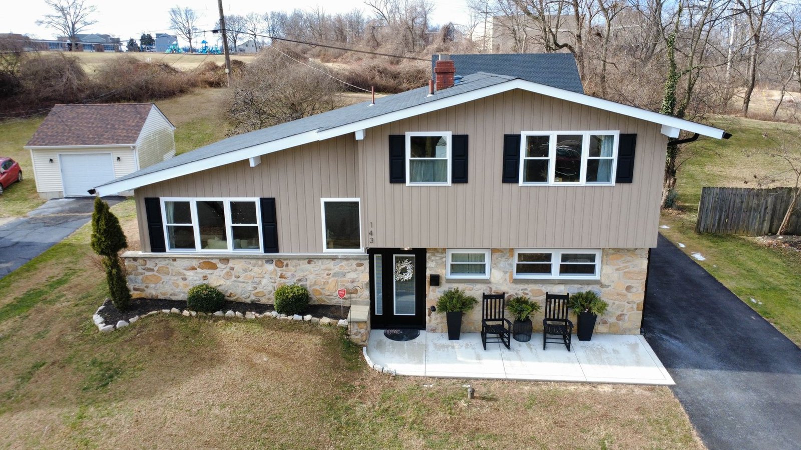 After — rear aerial of completed ranch — Shelby Roofing Services PA