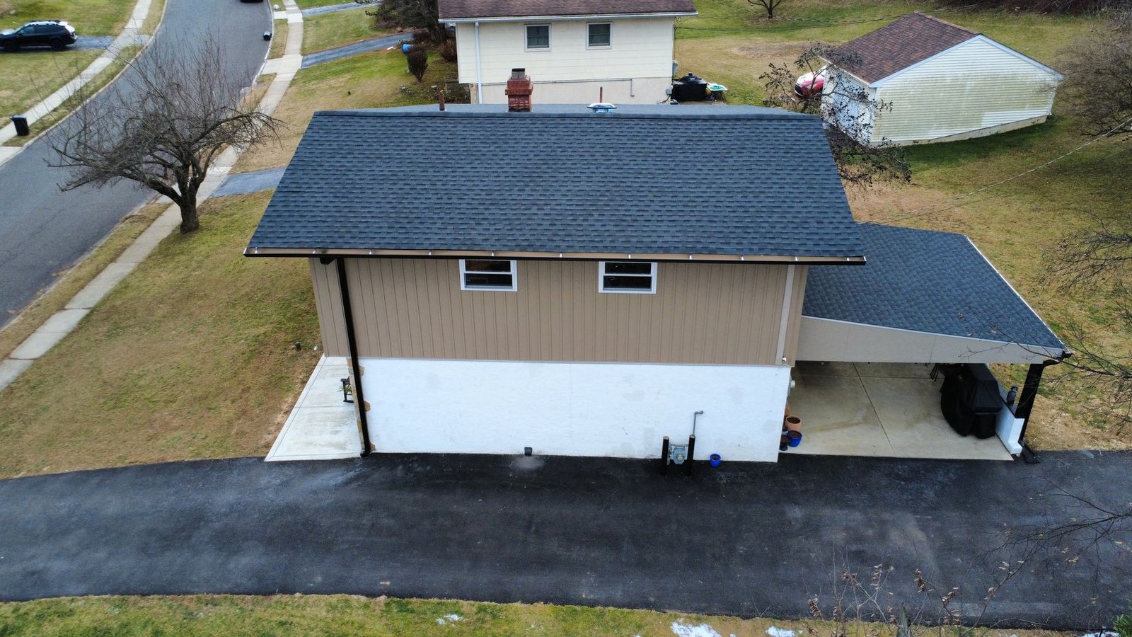 After — side aerial of completed ranch — Shelby Roofing Services PA