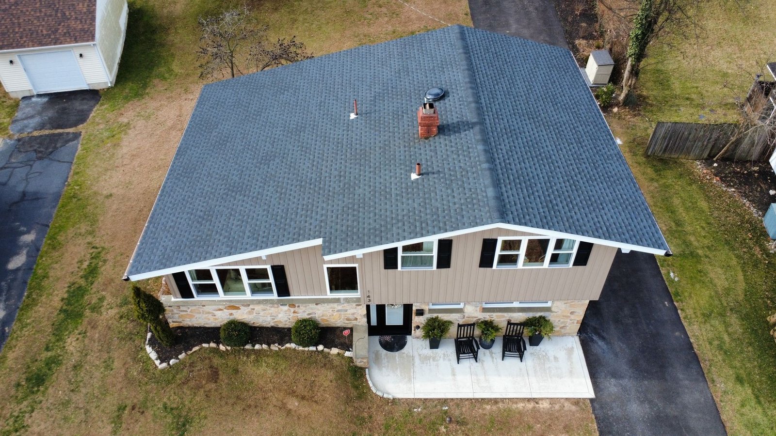After — wide aerial of completed ranch property — Shelby Roofing Services PA