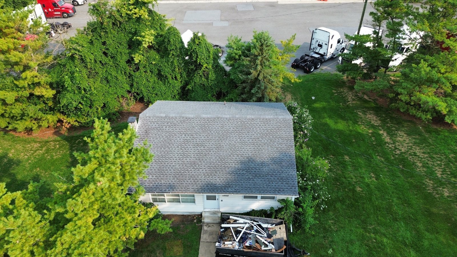 After — wide aerial view of completed shingle roof replacement — Shelby Roofing Services PA