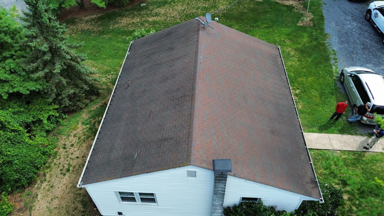 Before — aerial angled view of worn brown shingle roof, PA