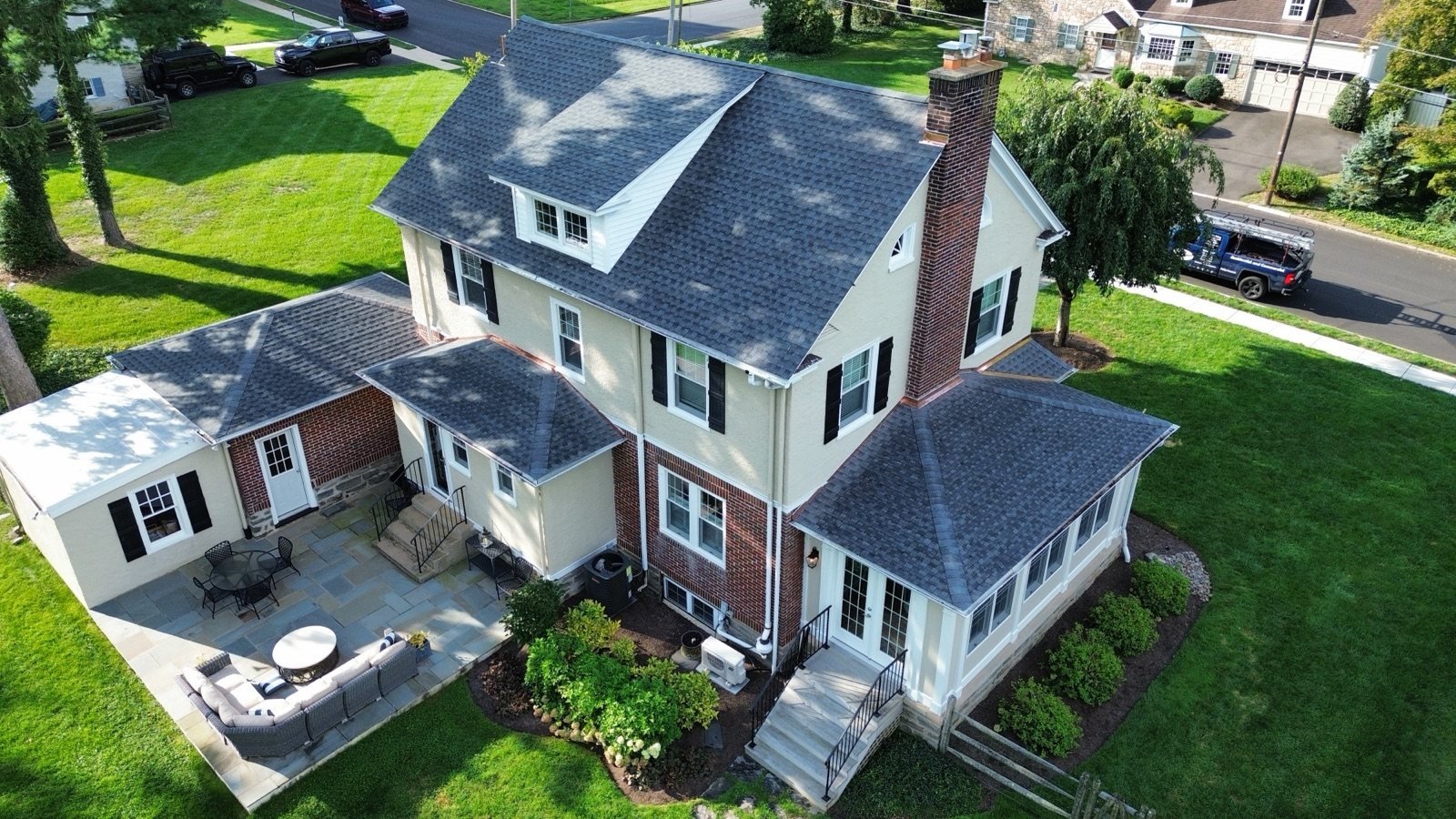 After — rear corner aerial of completed new shingle roof — Shelby Roofing Services PA