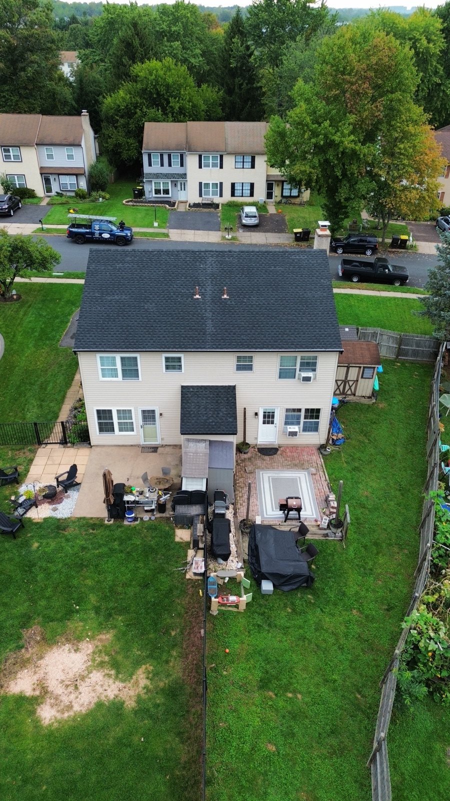 After — wide rear aerial of completed new black shingle roof — Shelby Roofing Services PA