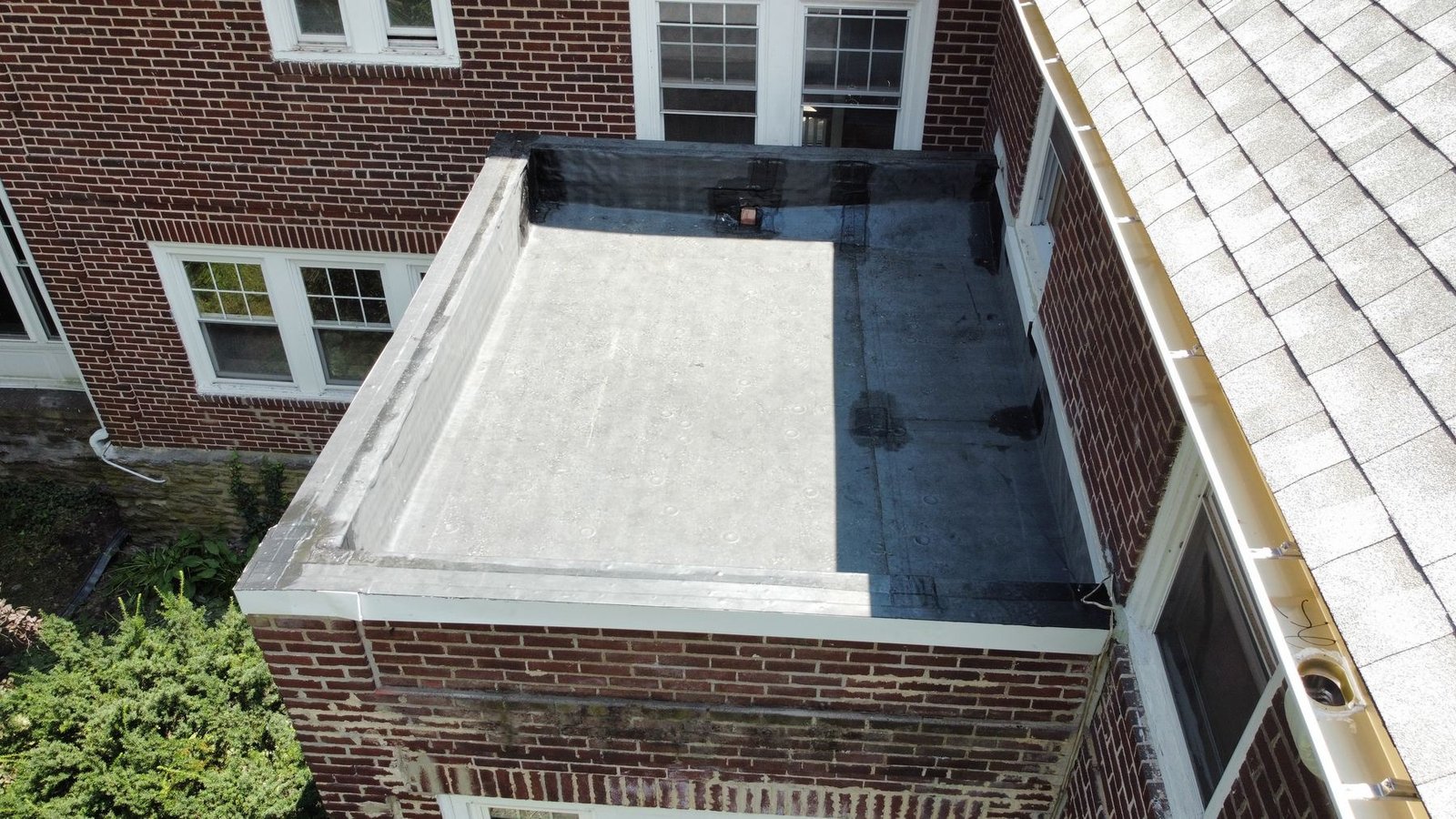New EPDM flat roof aerial close-up — Shelby Roofing Services PA