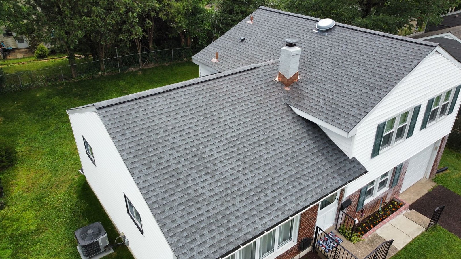 After — rear side aerial view of completed shingle replacement — Shelby Roofing Services PA