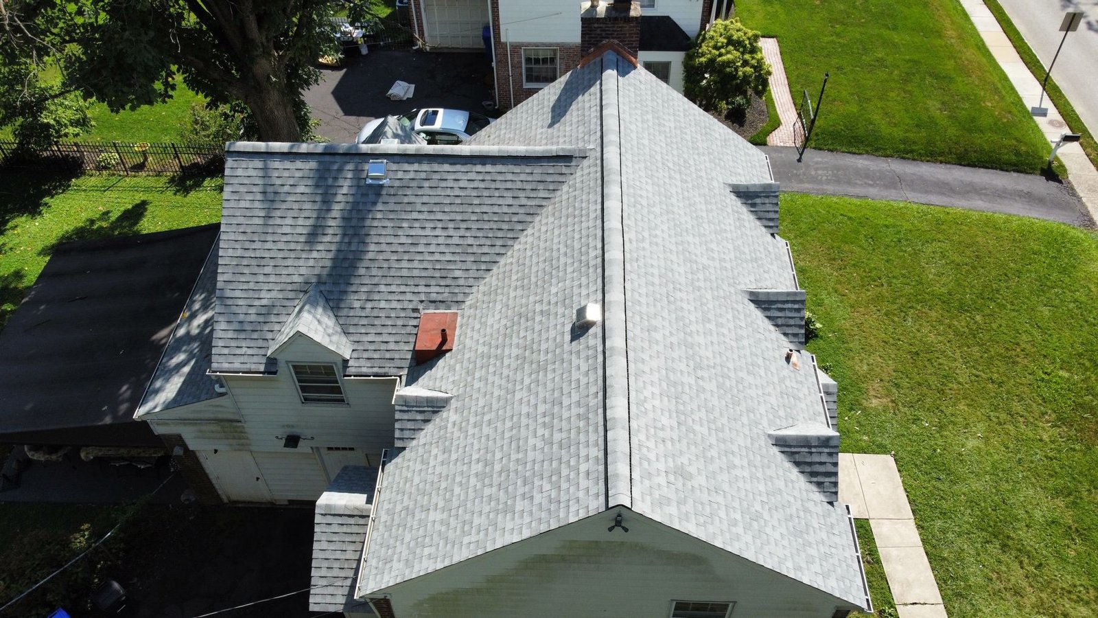 After — straight top-down view of completed multi-section roof replacement — Shelby Roofing Services PA