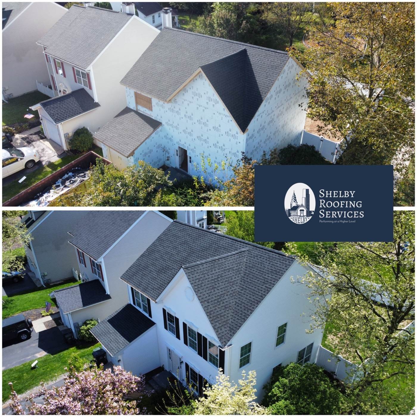 Wind storm damage — exposed sheathing and siding damage before restoration